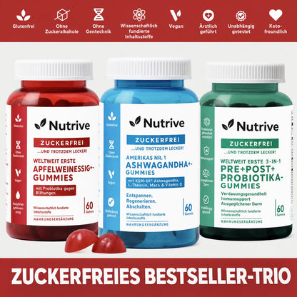 Nutrive ZERO SUGAR 3er-Wellness-Bundle | Prä-, Post- und Probiotika, Apfelessig- und Ashwagandha-Gummis