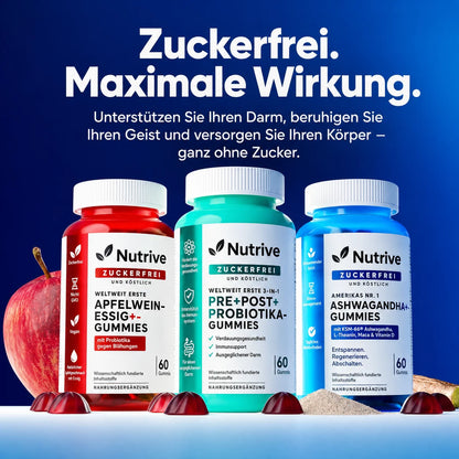 Nutrive ZERO SUGAR 3er-Wellness-Bundle | Prä-, Post- und Probiotika, Apfelessig- und Ashwagandha-Gummis