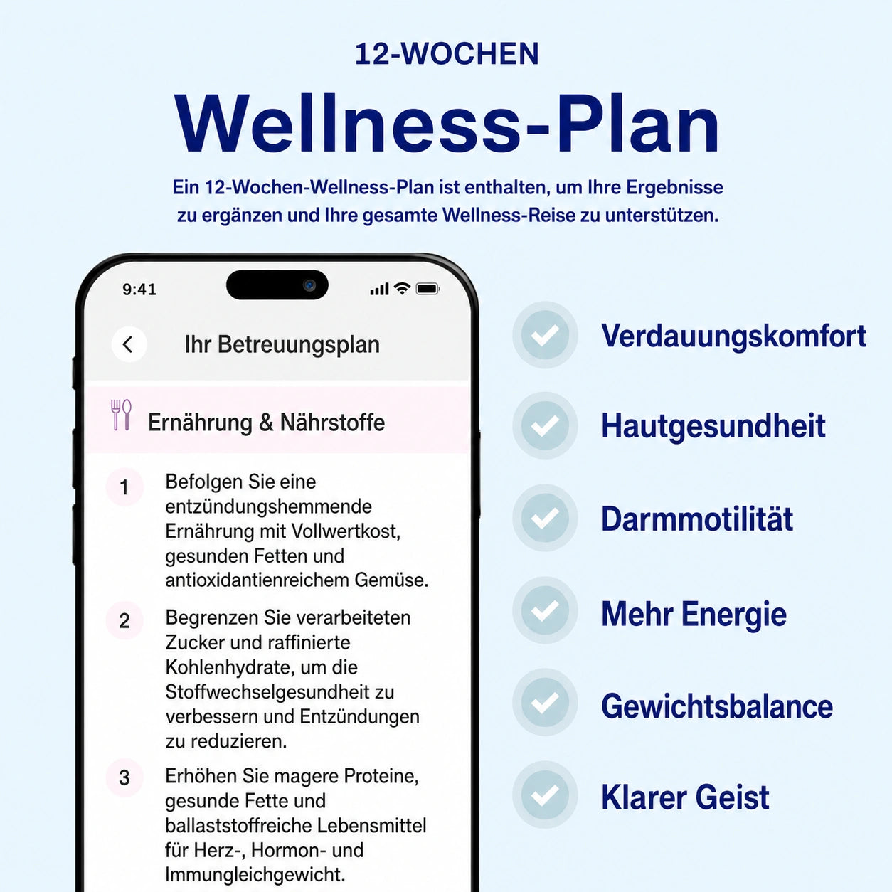 Set mit Lebensmitteln, Vitaminen und Produkten für die Darmgesundheit